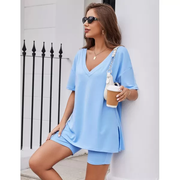 Ekouaer Womens Pajamas 2 Piece Lounge Sets Oversized V Neck TShirts Tops Biker Shorts Set Workout Reversible Tracksuit SXXLLight Blue