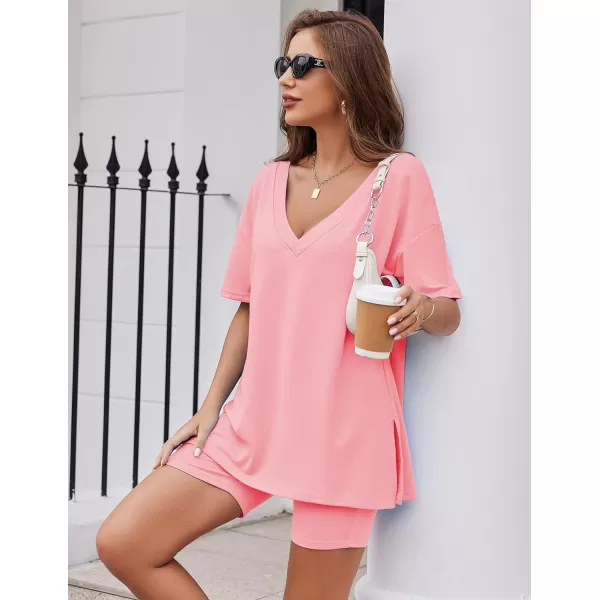Ekouaer Womens Pajamas 2 Piece Lounge Sets Oversized V Neck TShirts Tops Biker Shorts Set Workout Reversible Tracksuit SXXLOrange Pink