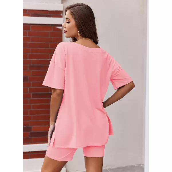 Ekouaer Womens Pajamas 2 Piece Lounge Sets Oversized V Neck TShirts Tops Biker Shorts Set Workout Reversible Tracksuit SXXLOrange Pink