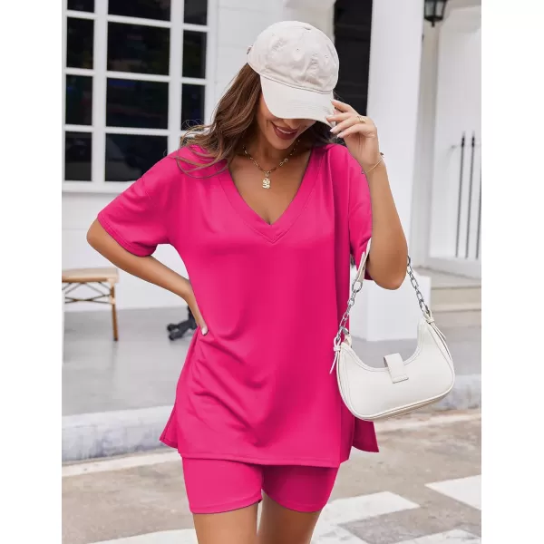 Ekouaer Womens Pajamas 2 Piece Lounge Sets Oversized V Neck TShirts Tops Biker Shorts Set Workout Reversible Tracksuit SXXLRose Red