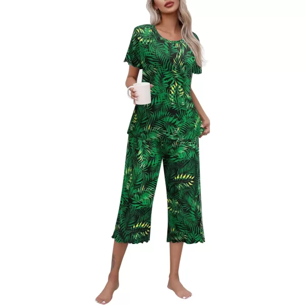 Ekouaer Womens Pajamas Set Short Sleeve Top With Capri Pants Pjs Lounge  Sleepwear Set SXXLBlackDark Green Leaves