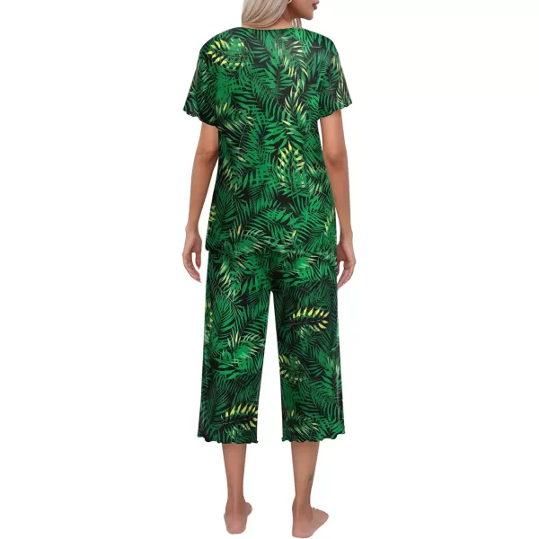 Ekouaer Womens Pajamas Set Short Sleeve Top With Capri Pants Pjs Lounge  Sleepwear Set SXXLBlackDark Green Leaves