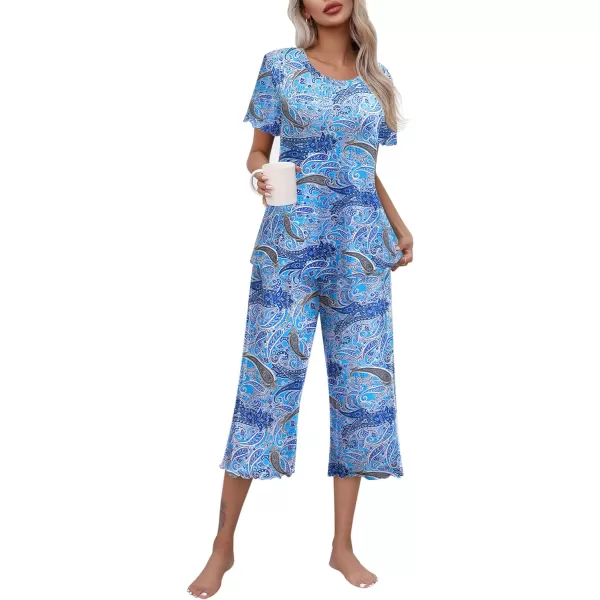 Ekouaer Womens Pajamas Set Short Sleeve Top With Capri Pants Pjs Lounge  Sleepwear Set SXXLCashew Navy Blue