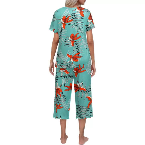 Ekouaer Womens Pajamas Set Short Sleeve Top With Capri Pants Pjs Lounge  Sleepwear Set SXXLLake BlueOrange Flower