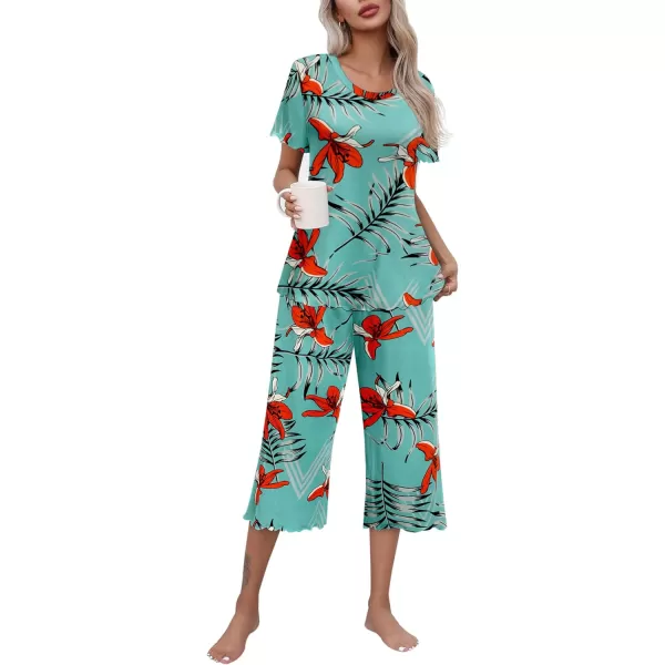 Ekouaer Womens Pajamas Set Short Sleeve Top With Capri Pants Pjs Lounge  Sleepwear Set SXXLLake BlueOrange Flower
