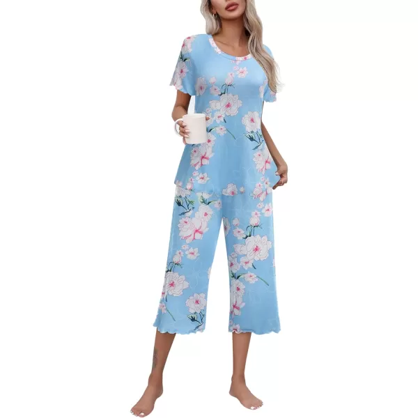 Ekouaer Womens Pajamas Set Short Sleeve Top With Capri Pants Pjs Lounge  Sleepwear Set SXXLLight BlueWhit Flower