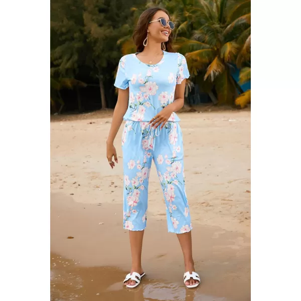 Ekouaer Womens Pajamas Set Short Sleeve Top With Capri Pants Pjs Lounge  Sleepwear Set SXXLLight BlueWhit Flower