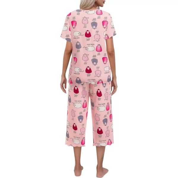 Ekouaer Womens Pajamas Set Short Sleeve Top With Capri Pants Pjs Lounge  Sleepwear Set SXXLPinkCute Sheep