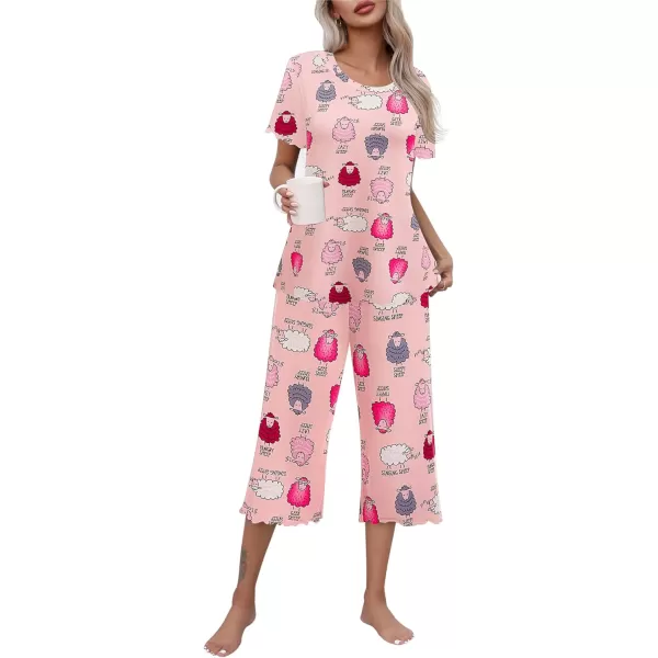 Ekouaer Womens Pajamas Set Short Sleeve Top With Capri Pants Pjs Lounge  Sleepwear Set SXXLPinkCute Sheep