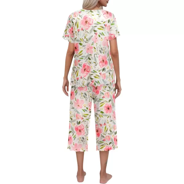 Ekouaer Womens Pajamas Set Short Sleeve Top With Capri Pants Pjs Lounge  Sleepwear Set SXXLWhitePink Floral