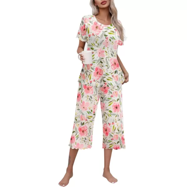 Ekouaer Womens Pajamas Set Short Sleeve Top With Capri Pants Pjs Lounge  Sleepwear Set SXXLWhitePink Floral