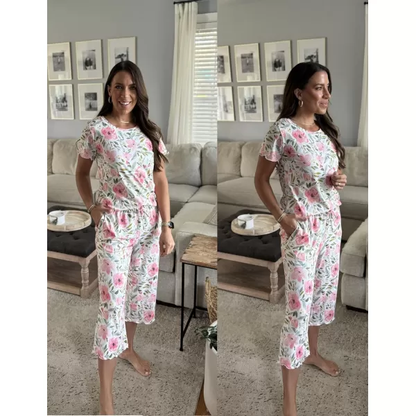 Ekouaer Womens Pajamas Set Short Sleeve Top With Capri Pants Pjs Lounge  Sleepwear Set SXXLWhitePink Floral