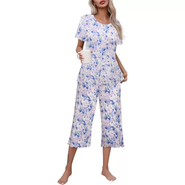 Ekouaer Womens Pajamas Set Short Sleeve Top With Capri Pants Pjs Lounge  Sleepwear Set SXXLWhitePinkBlue Butterfly