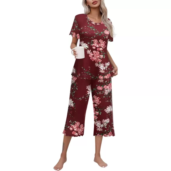 Ekouaer Womens Pajamas Set Short Sleeve Top With Capri Pants Pjs Lounge  Sleepwear Set SXXLWinePink Rose