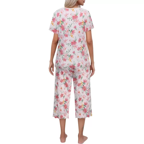 Ekouaer Womens Pajamas Set Short Sleeve Top With Capri Pants Pjs Lounge  Sleepwear Set SXXLWiteRed Flower
