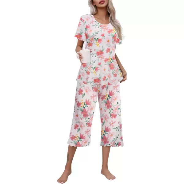 Ekouaer Womens Pajamas Set Short Sleeve Top With Capri Pants Pjs Lounge  Sleepwear Set SXXLWiteRed Flower