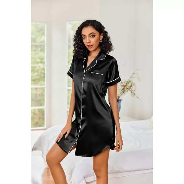 Ekouaer Womens Satin Nightshirt Button Down Sleepshirt Silk Short Sleeve Nightgown Boyfriend Notch Collar SleepwearBlack