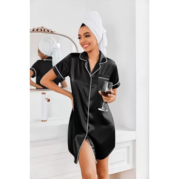 Ekouaer Womens Satin Nightshirt Button Down Sleepshirt Silk Short Sleeve Nightgown Boyfriend Notch Collar SleepwearBlack