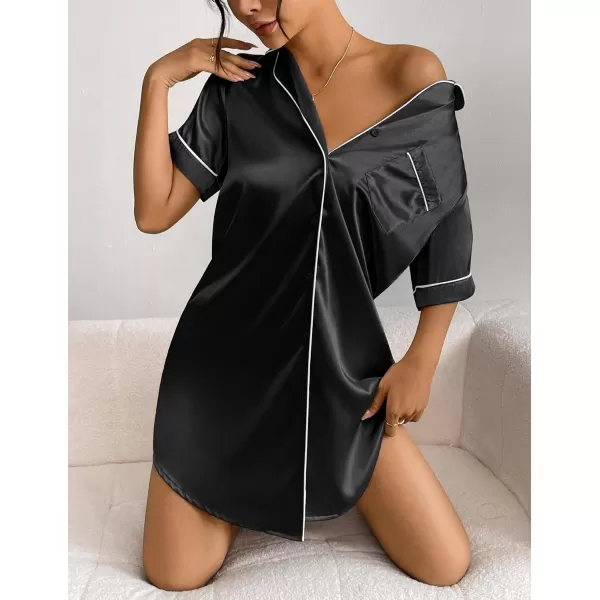 Ekouaer Womens Satin Nightshirt Button Down Sleepshirt Silk Short Sleeve Nightgown Boyfriend Notch Collar SleepwearBlack