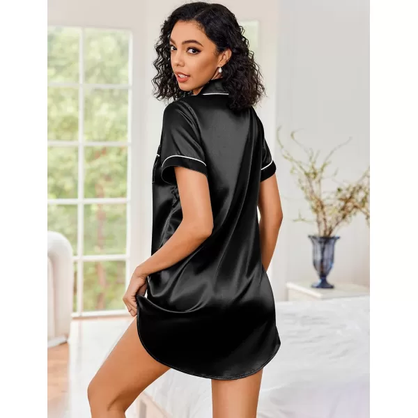 Ekouaer Womens Satin Nightshirt Button Down Sleepshirt Silk Short Sleeve Nightgown Boyfriend Notch Collar SleepwearBlack