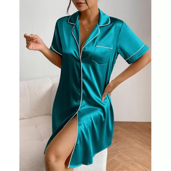 Ekouaer Womens Satin Nightshirt Button Down Sleepshirt Silk Short Sleeve Nightgown Boyfriend Notch Collar SleepwearBlue Green