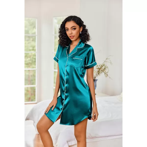 Ekouaer Womens Satin Nightshirt Button Down Sleepshirt Silk Short Sleeve Nightgown Boyfriend Notch Collar SleepwearBlue Green