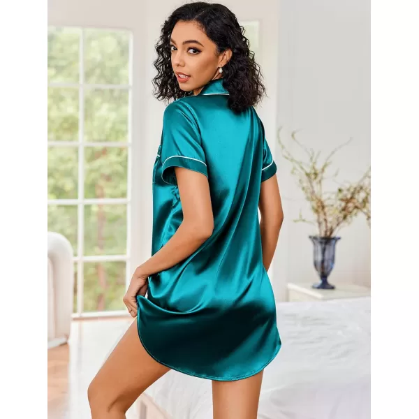 Ekouaer Womens Satin Nightshirt Button Down Sleepshirt Silk Short Sleeve Nightgown Boyfriend Notch Collar SleepwearBlue Green