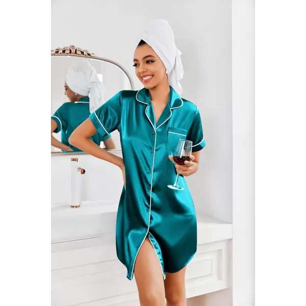 Ekouaer Womens Satin Nightshirt Button Down Sleepshirt Silk Short Sleeve Nightgown Boyfriend Notch Collar SleepwearBlue Green