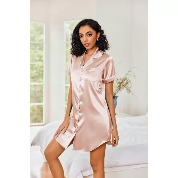 Ekouaer Womens Satin Nightshirt Button Down Sleepshirt Silk Short Sleeve Nightgown Boyfriend Notch Collar SleepwearChampagne