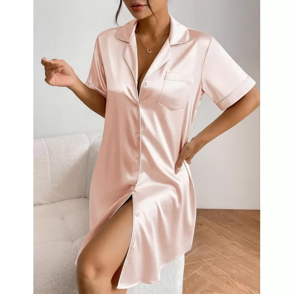 Ekouaer Womens Satin Nightshirt Button Down Sleepshirt Silk Short Sleeve Nightgown Boyfriend Notch Collar SleepwearChampagne