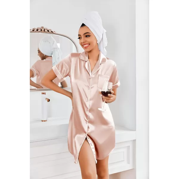 Ekouaer Womens Satin Nightshirt Button Down Sleepshirt Silk Short Sleeve Nightgown Boyfriend Notch Collar SleepwearChampagne