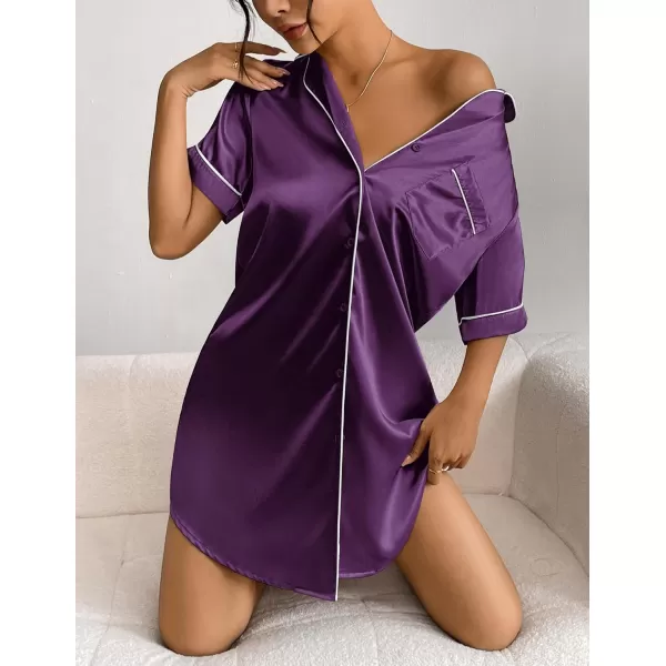 Ekouaer Womens Satin Nightshirt Button Down Sleepshirt Silk Short Sleeve Nightgown Boyfriend Notch Collar SleepwearDeep Purple