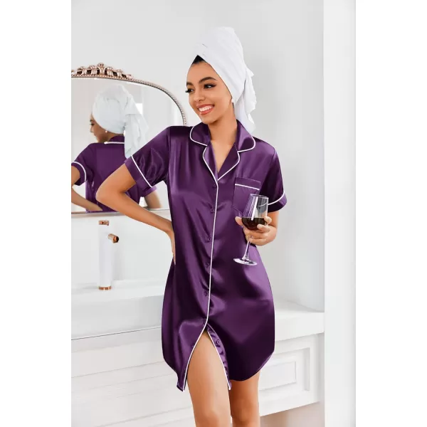 Ekouaer Womens Satin Nightshirt Button Down Sleepshirt Silk Short Sleeve Nightgown Boyfriend Notch Collar SleepwearDeep Purple