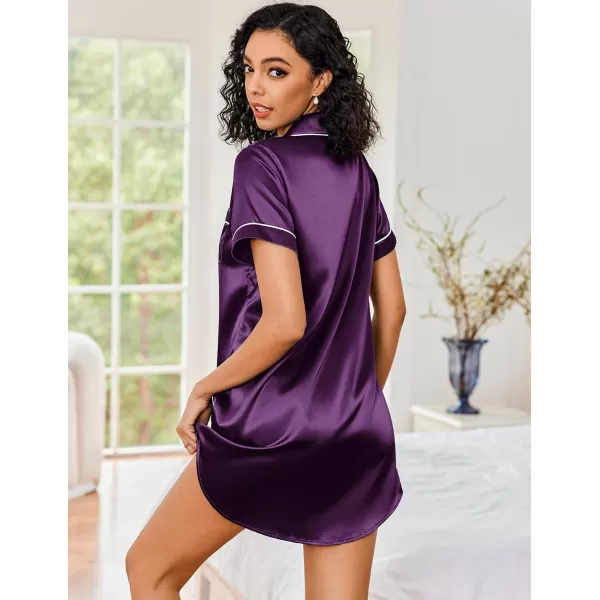 Ekouaer Womens Satin Nightshirt Button Down Sleepshirt Silk Short Sleeve Nightgown Boyfriend Notch Collar SleepwearDeep Purple