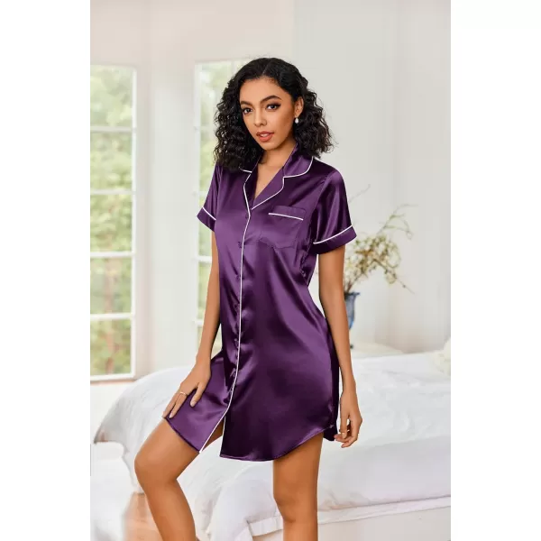 Ekouaer Womens Satin Nightshirt Button Down Sleepshirt Silk Short Sleeve Nightgown Boyfriend Notch Collar SleepwearDeep Purple