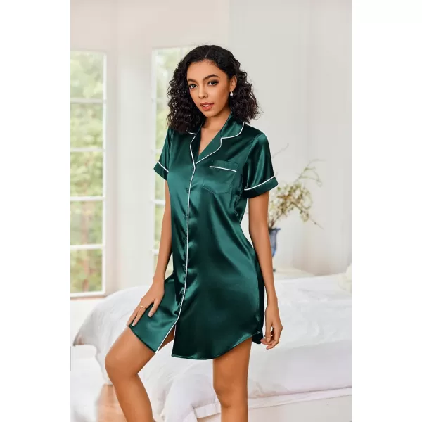 Ekouaer Womens Satin Nightshirt Button Down Sleepshirt Silk Short Sleeve Nightgown Boyfriend Notch Collar SleepwearLake Green