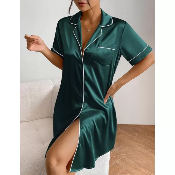 Ekouaer Womens Satin Nightshirt Button Down Sleepshirt Silk Short Sleeve Nightgown Boyfriend Notch Collar SleepwearLake Green