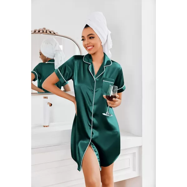 Ekouaer Womens Satin Nightshirt Button Down Sleepshirt Silk Short Sleeve Nightgown Boyfriend Notch Collar SleepwearLake Green