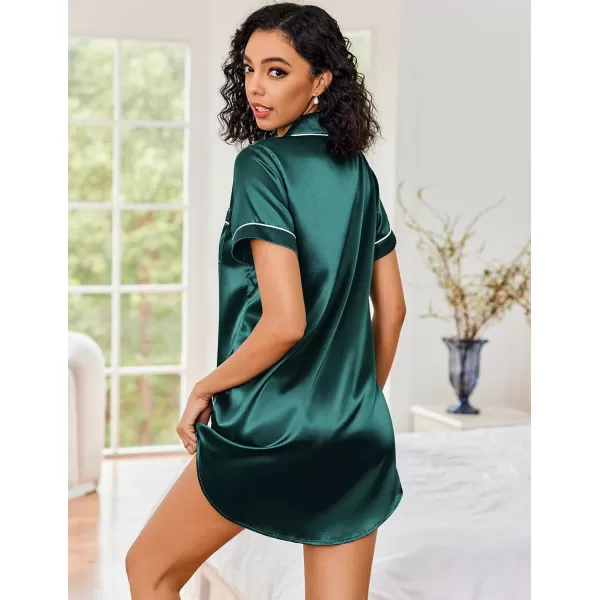 Ekouaer Womens Satin Nightshirt Button Down Sleepshirt Silk Short Sleeve Nightgown Boyfriend Notch Collar SleepwearLake Green