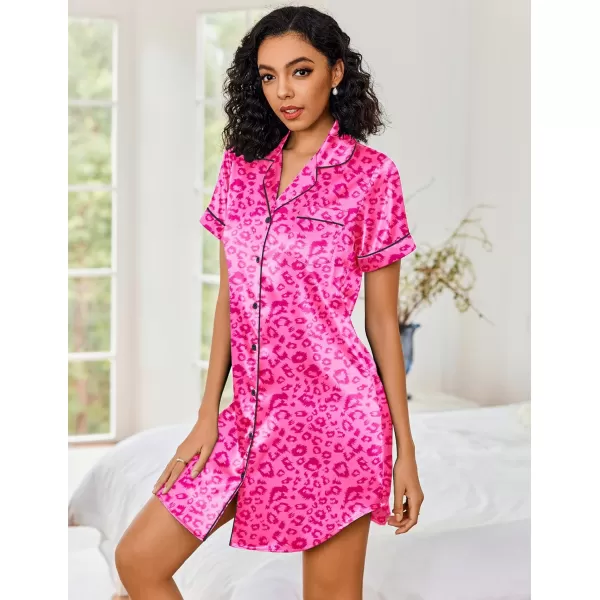 Ekouaer Womens Satin Nightshirt Button Down Sleepshirt Silk Short Sleeve Nightgown Boyfriend Notch Collar SleepwearLeopard