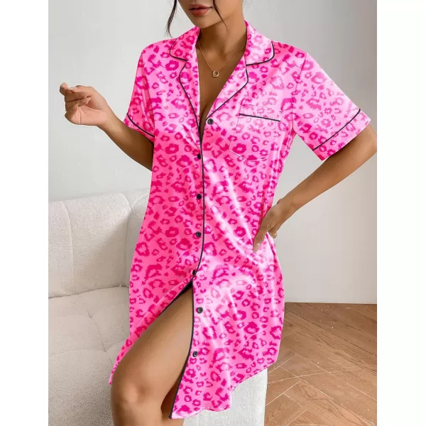 Ekouaer Womens Satin Nightshirt Button Down Sleepshirt Silk Short Sleeve Nightgown Boyfriend Notch Collar SleepwearLeopard