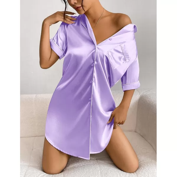 Ekouaer Womens Satin Nightshirt Button Down Sleepshirt Silk Short Sleeve Nightgown Boyfriend Notch Collar SleepwearLight Purple