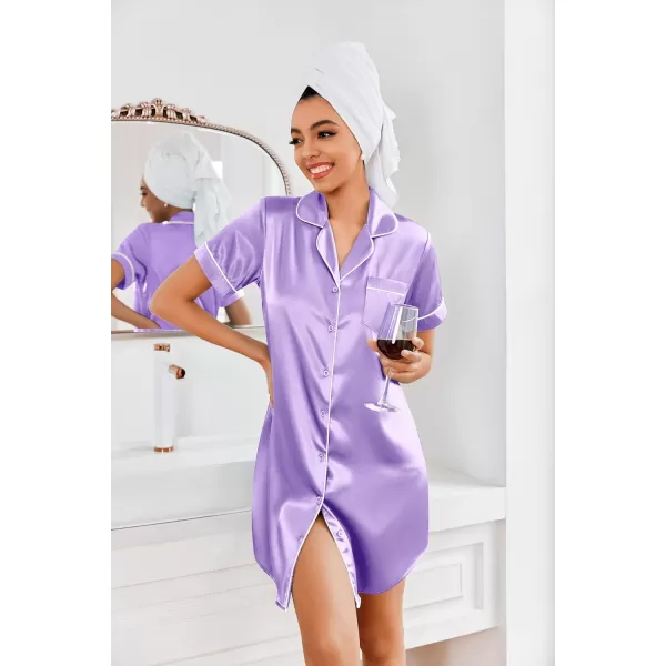 Ekouaer Womens Satin Nightshirt Button Down Sleepshirt Silk Short Sleeve Nightgown Boyfriend Notch Collar SleepwearLight Purple