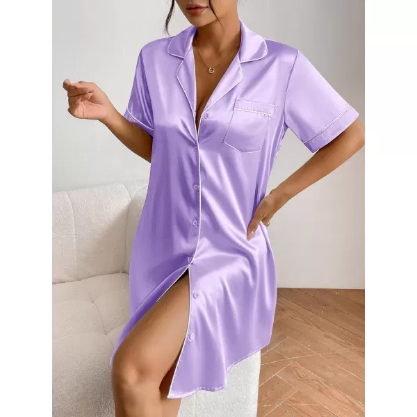 Ekouaer Womens Satin Nightshirt Button Down Sleepshirt Silk Short Sleeve Nightgown Boyfriend Notch Collar SleepwearLight Purple