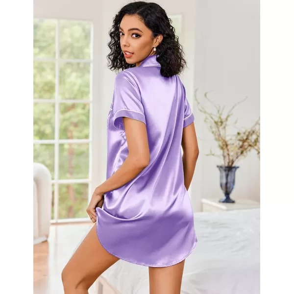 Ekouaer Womens Satin Nightshirt Button Down Sleepshirt Silk Short Sleeve Nightgown Boyfriend Notch Collar SleepwearLight Purple