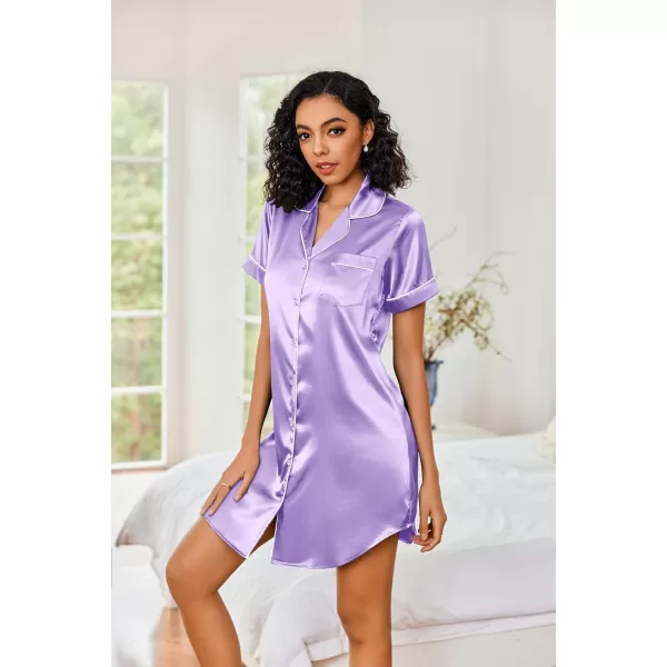 Ekouaer Womens Satin Nightshirt Button Down Sleepshirt Silk Short Sleeve Nightgown Boyfriend Notch Collar SleepwearLight Purple