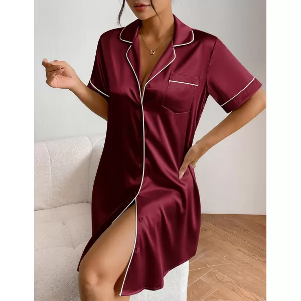 Ekouaer Womens Satin Nightshirt Button Down Sleepshirt Silk Short Sleeve Nightgown Boyfriend Notch Collar SleepwearWine Red