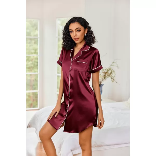 Ekouaer Womens Satin Nightshirt Button Down Sleepshirt Silk Short Sleeve Nightgown Boyfriend Notch Collar SleepwearWine Red