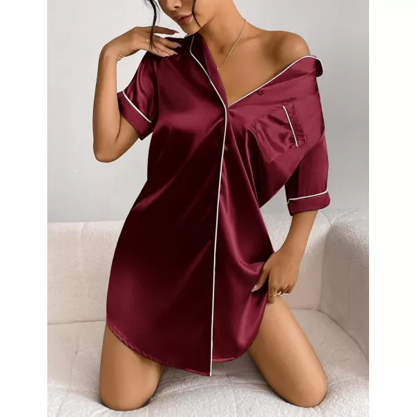 Ekouaer Womens Satin Nightshirt Button Down Sleepshirt Silk Short Sleeve Nightgown Boyfriend Notch Collar SleepwearWine Red