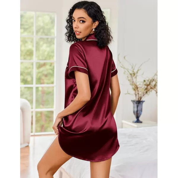 Ekouaer Womens Satin Nightshirt Button Down Sleepshirt Silk Short Sleeve Nightgown Boyfriend Notch Collar SleepwearWine Red